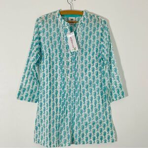 Shrimp & Grits Girls Seahorse Blue & White 3/4 Sleeve Dress Tunic Top Size S NWT